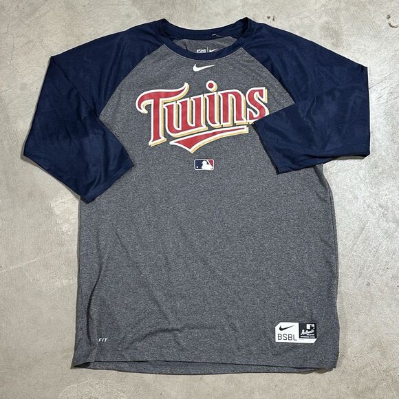 MLB Minnesota Twins Nike Dri Fit Shirt Mens Small Gray 3/4 Sleeve Baseball - Picture 1 of 11